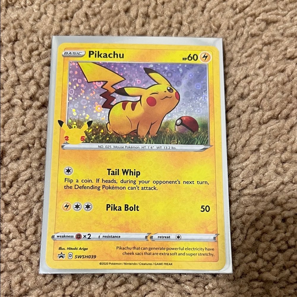 2020 Pokemon Pikachu Promo Card SWSH039 HOLO Tail Whip Pika Bolt 50